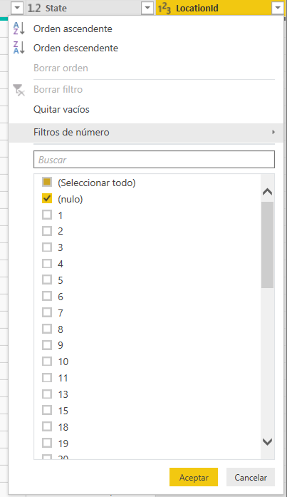 Filtrando la columna LocationId