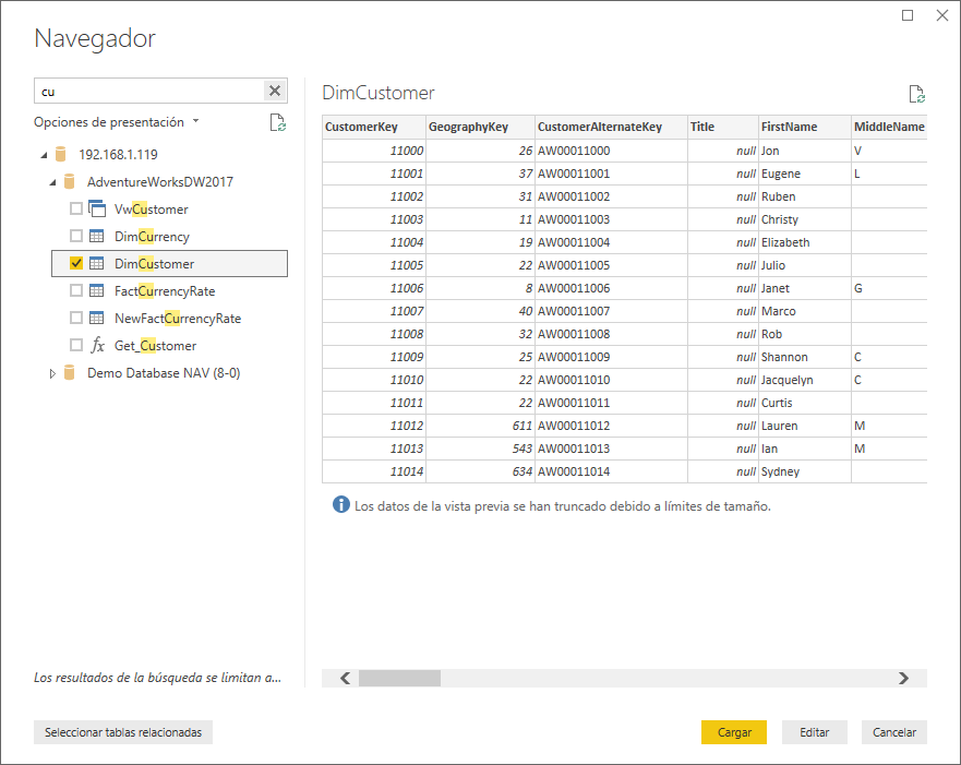 Conectar SQL Server Power BI Desktop Tablas. Vistas y Funciones