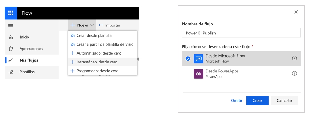 creación del flujo para publicar en Power BI desde Microsoft Flow