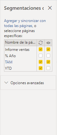 Panel de segmentaciones de datos en Power BI Desktop