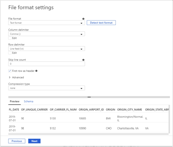 Azure Data Factory - Formato del archivo fuente