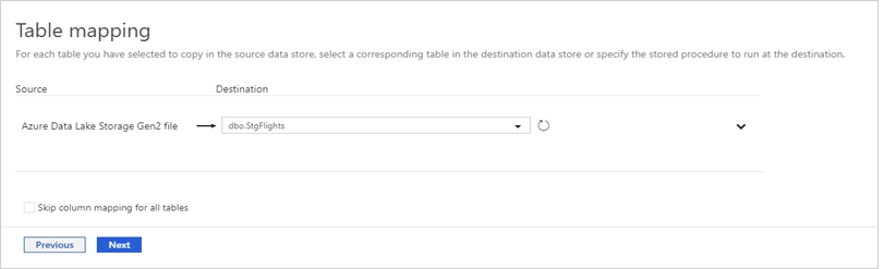 Azure Data Factory - Mapeo de archivo CSV con tabla en el almacén de datos