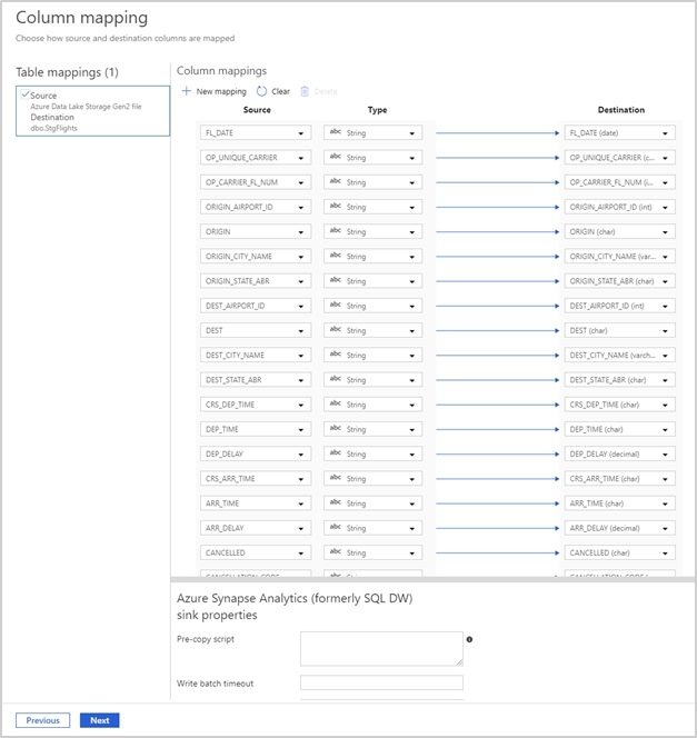 Azure Data Factory - Mapeo de columnas entre archivo CSV y tabla en el almacén de datos