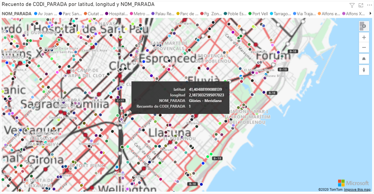 Azure Maps capa de mosaico con paradas de bus