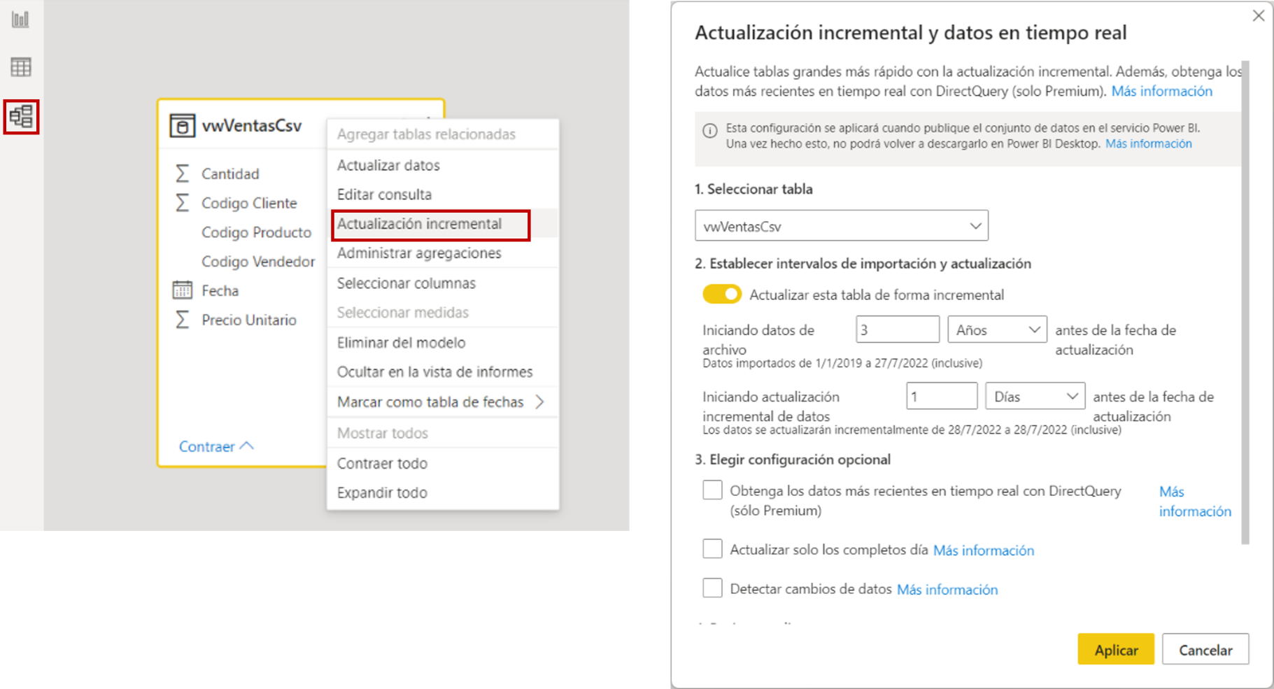 Configuración de la actualización incremental en la tabla