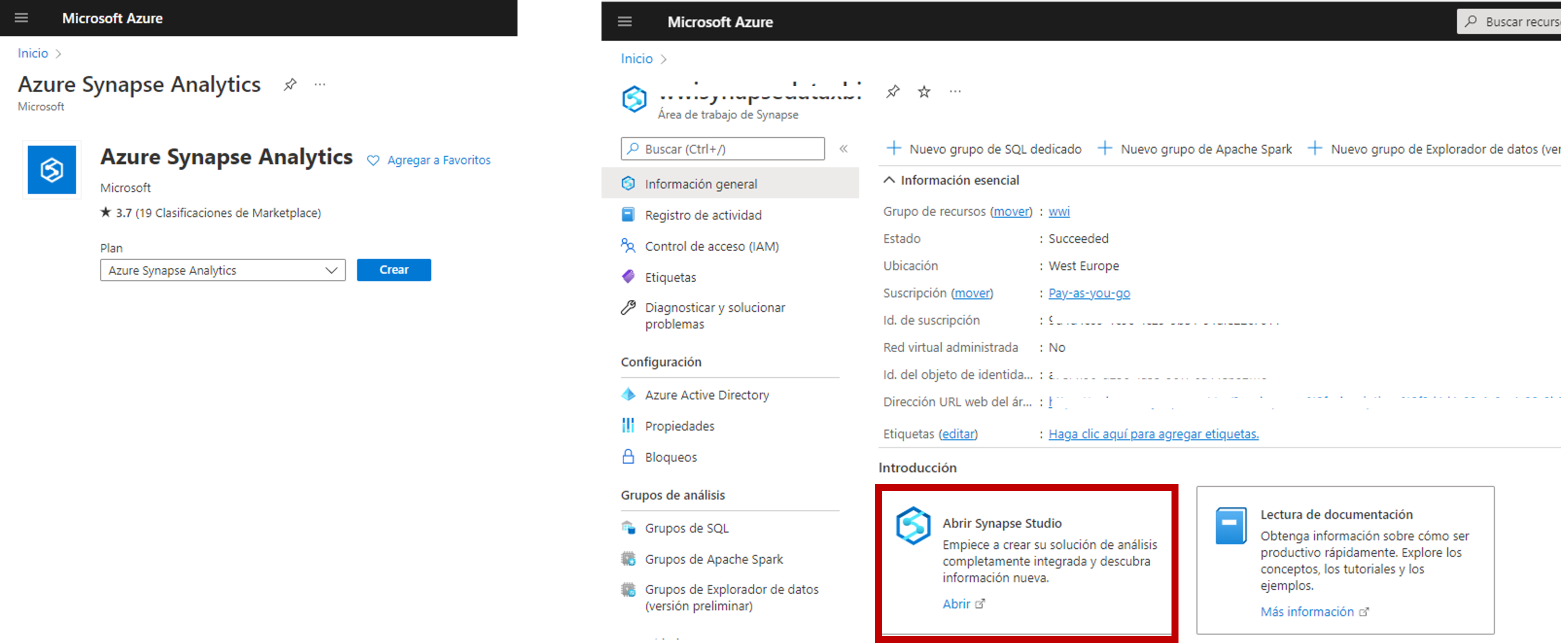 Crearndo un áread de trabajo de Synapse en el portal de Azure y abriendo Synapse Studio