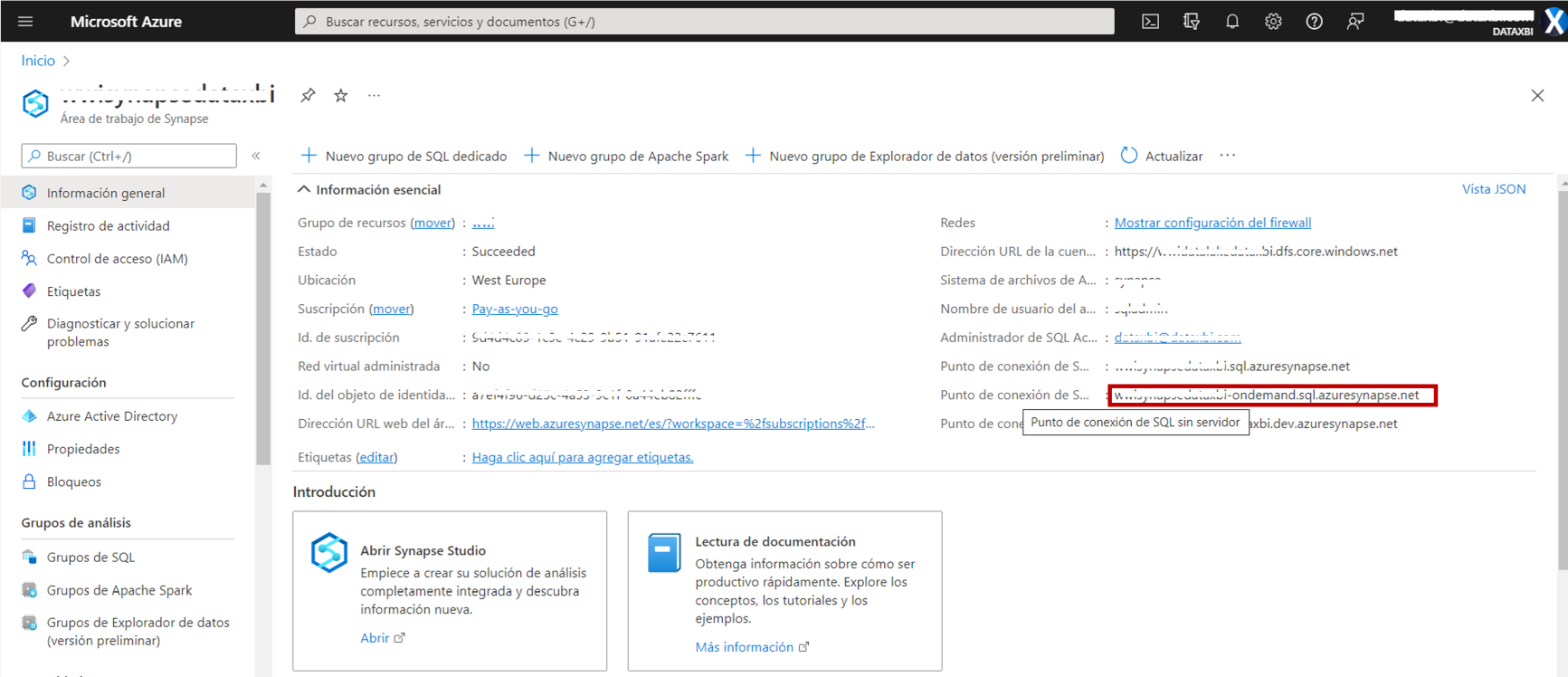 En el portal de Azure vamos al área de trabajo de Synapse y buscamos el punto de conexión al grupo de SQL sin servidor