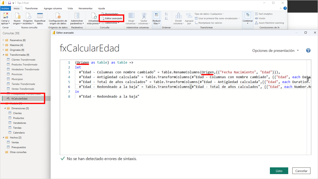 Código M de a función personalizada para calcular la edad a partir de la fecha de nacimiento.