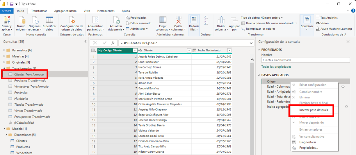 Insertando un nuevo paso en la consulta Clientes Transformada