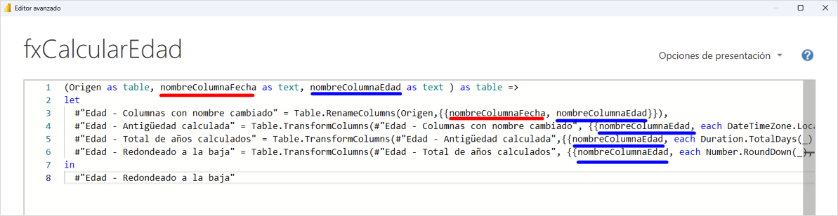 Paremetrizando las columnas fecha y edad en la función fxCalcularEdad