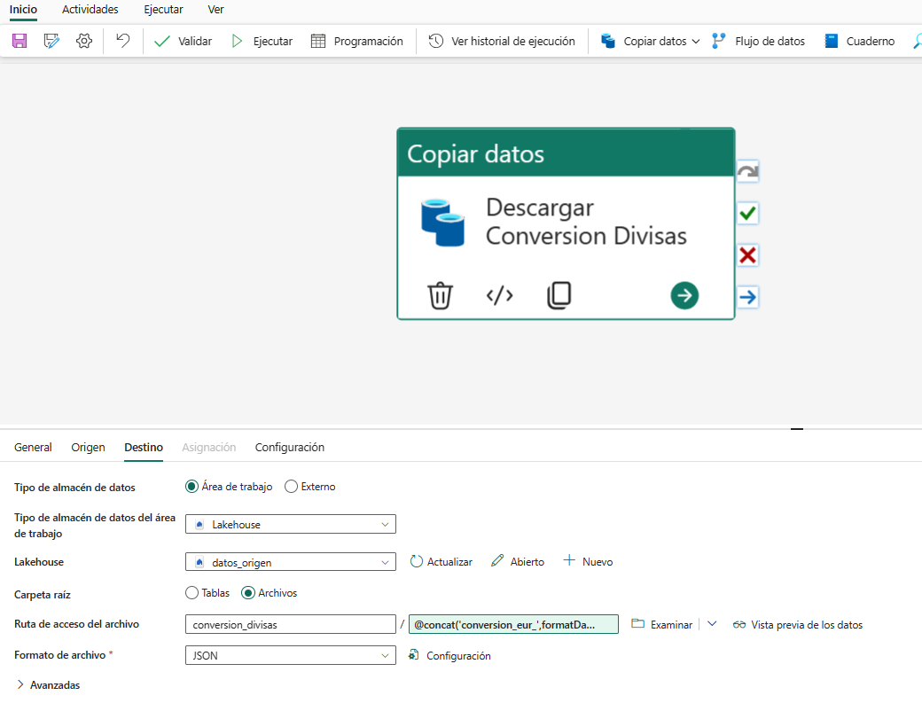 dataXbi - ETL con Canalizacion cargar_conversion_divisas configurar destino