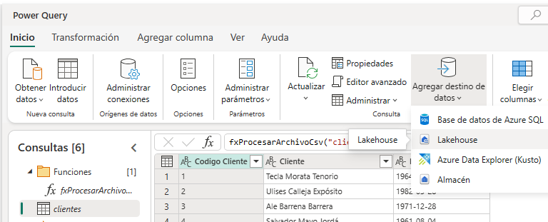 dataXbi - ETL con Flujo de datos elegir destino