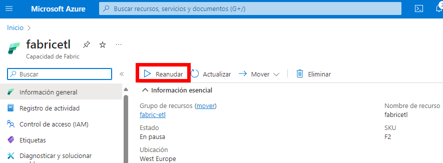 Pantallazo del portal de Azure mostrando una capacidad Fabric en pausa