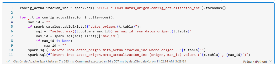 Bloc de notas Spark para actualizar la tabla de configuración de la carga incremental