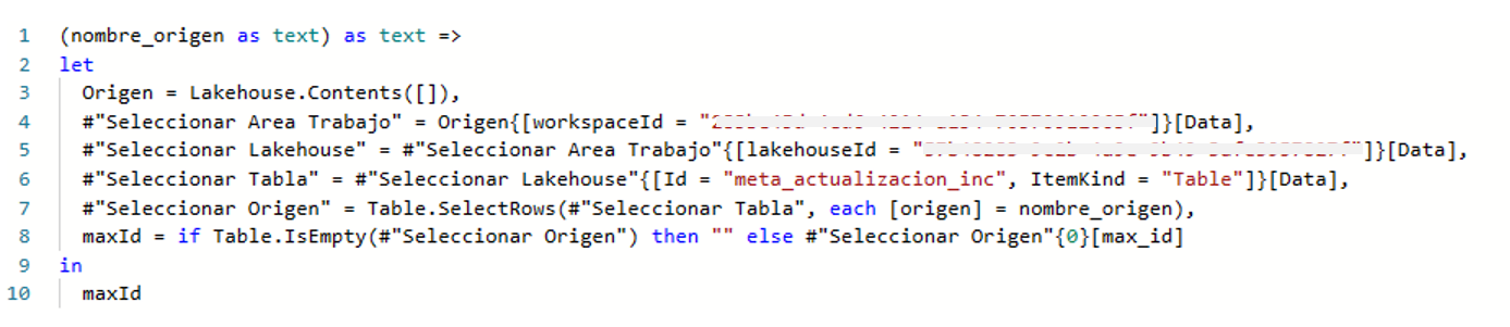 Código Power Query M de la función fxOrigenMaxId
