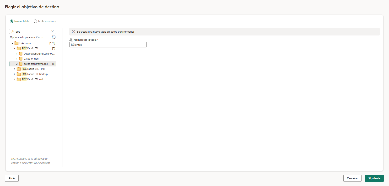 dataXbi-ETL con Flujos de datos Transformaciones clientes tabla destino