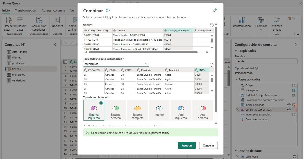 dataXbi-ETL con Flujos de datos Trafsormaciones combinar tablas tiendas y municipios