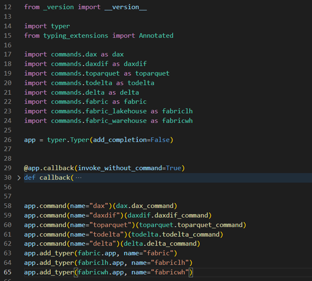 Imagen que muestra un fragmento del modulo principal de pbicmd donde se consolidan los comandos.